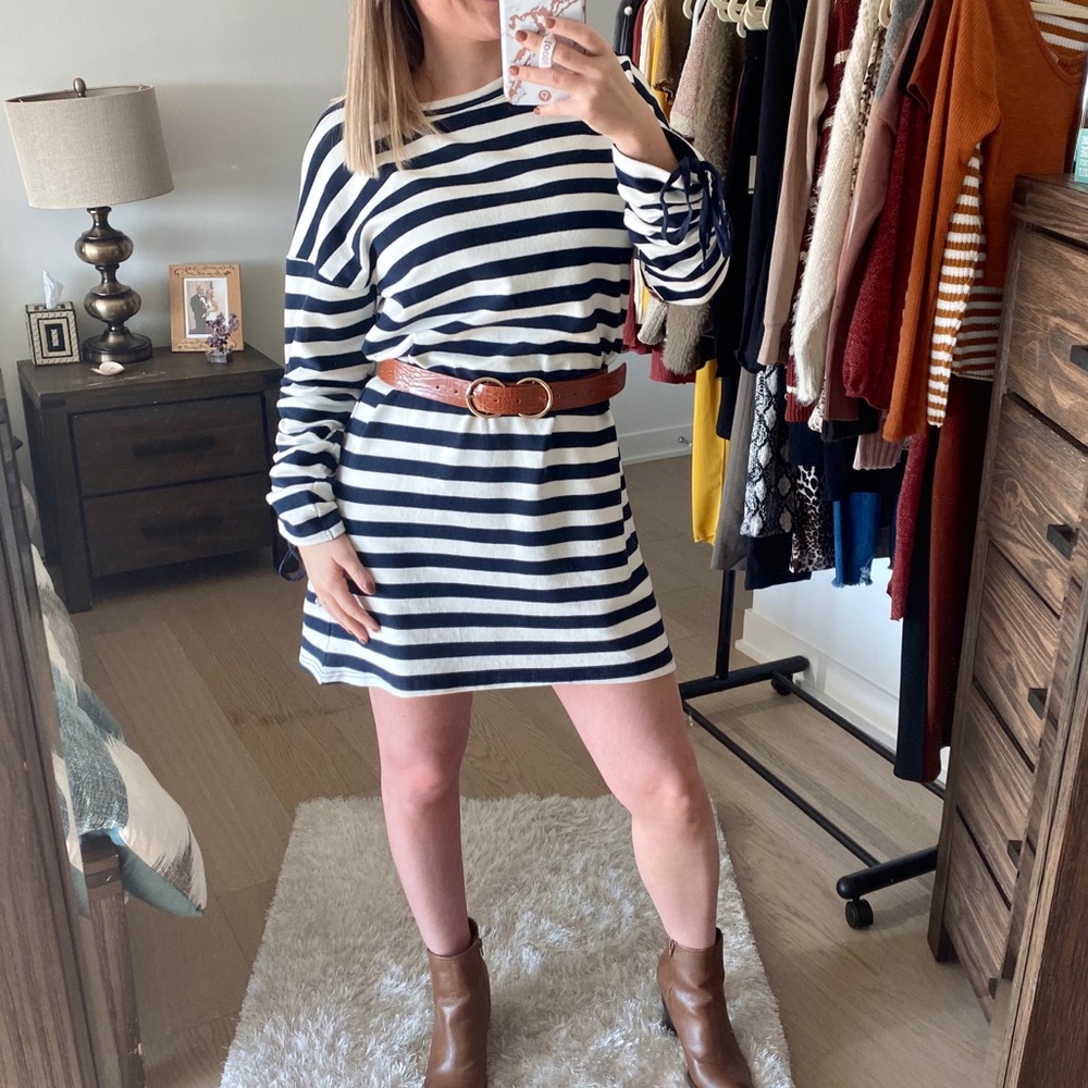 Navy Stripped Sweater Dress W Tie Sleeve - Picture 1 of 3